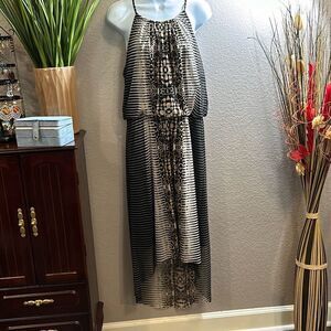 #130 London Times sleeveless, sheer, overlay, high, low maxi dress size 12